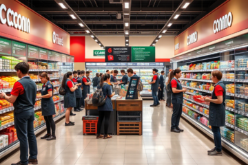 Un dipendente Conad che offre assistenza ai clienti in un supermercato.