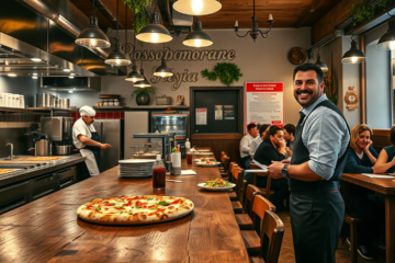 Immagine che rappresenta il lavoro in pizzeria da Rossopomodoro, con pizza napoletana e staff al lavoro.